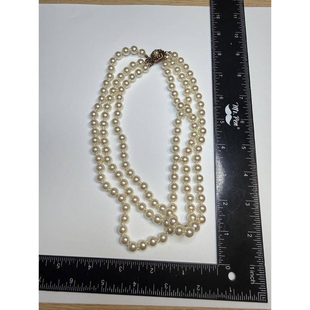 Vintage Triple Strand Faux Pearl Necklace Gold Tone Filigree Clasp Cream 16in